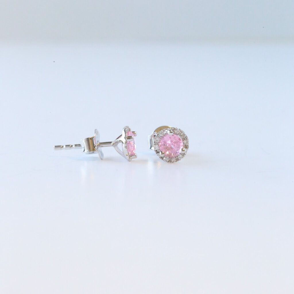 American Jewelry 14k White Gold .90ct Pink Tourmaline .08ctw Diamond Halo Stud Earrings