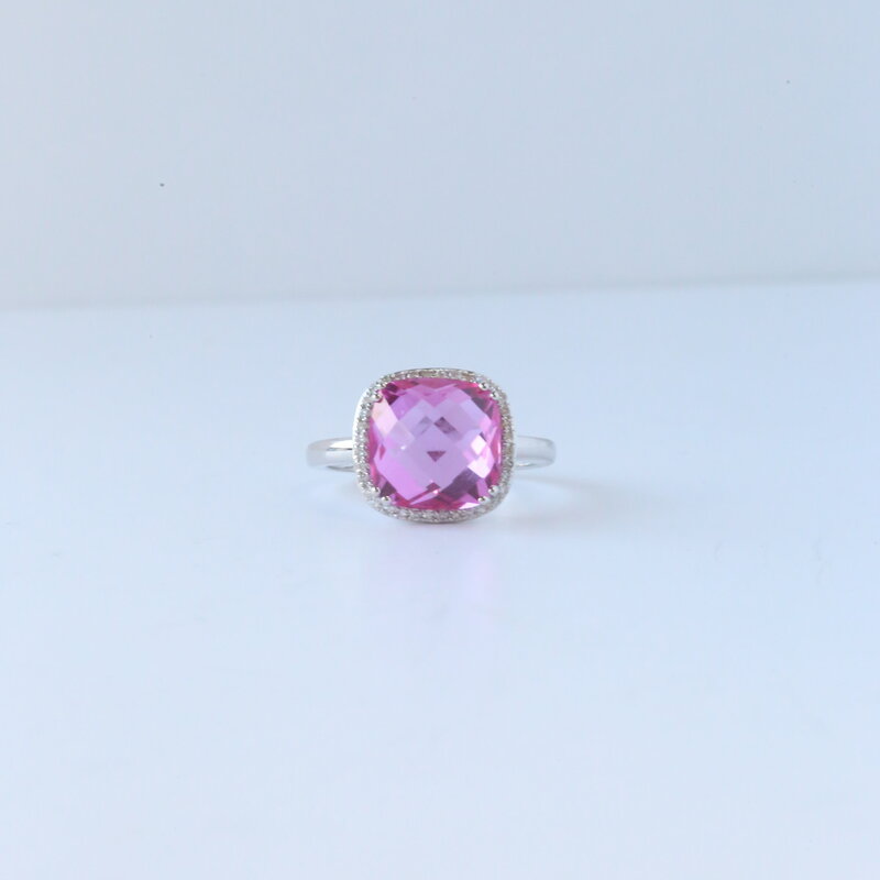 American Jewelry 14k White Gold 6.67ctw Rose Cut Pink Tourmaline .10ctw Diamond Cabachon Halo Ring