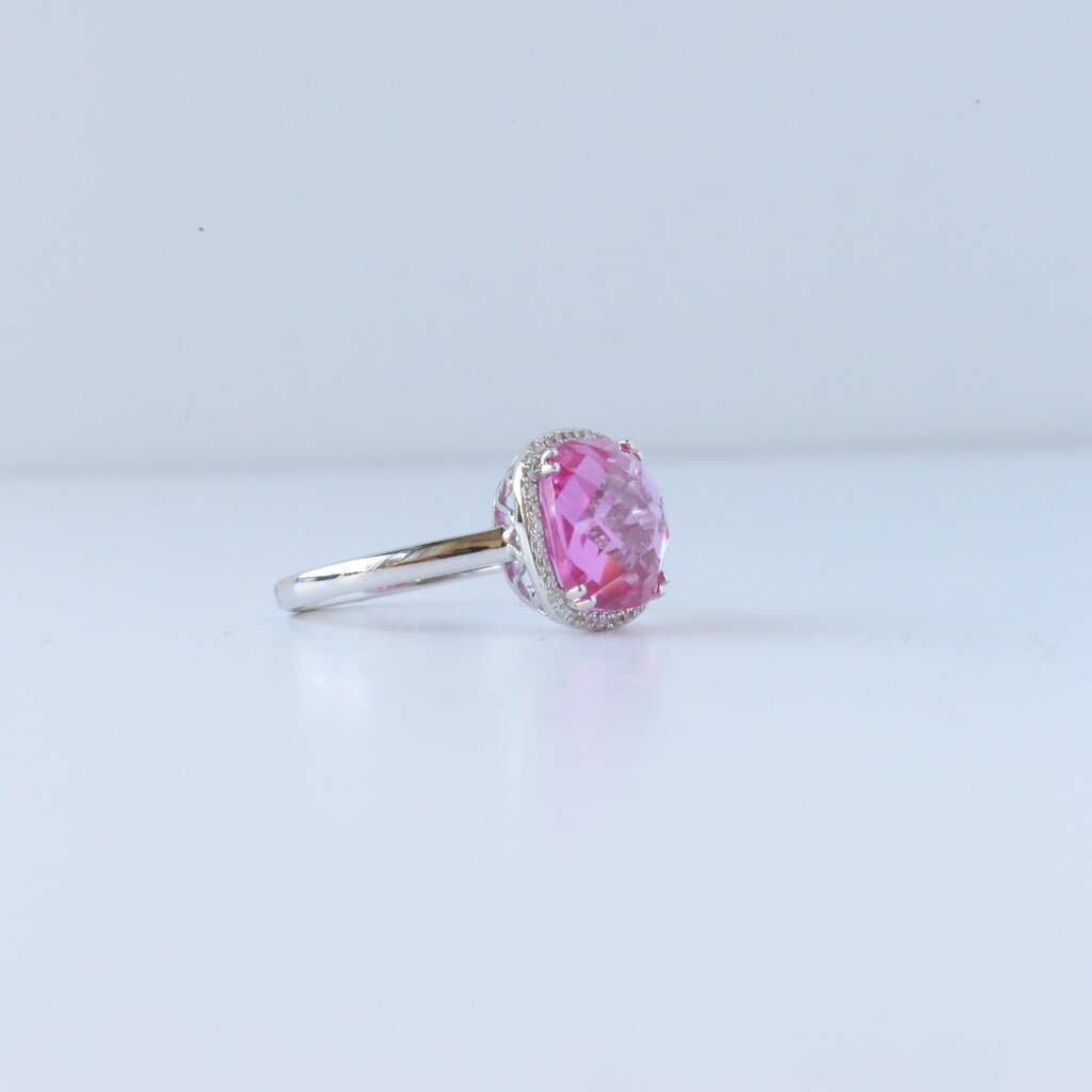 American Jewelry 14k White Gold 6.67ctw Rose Cut Pink Tourmaline .10ctw Diamond Cabachon Halo Ring