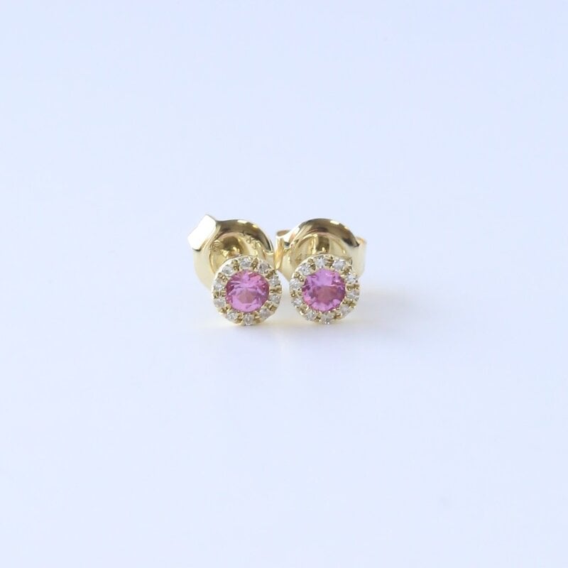 American Jewelry 14k Yellow Gold .27ctw Pink Tourmaline .07ctw Diamond Petite Halo Earrings Stud