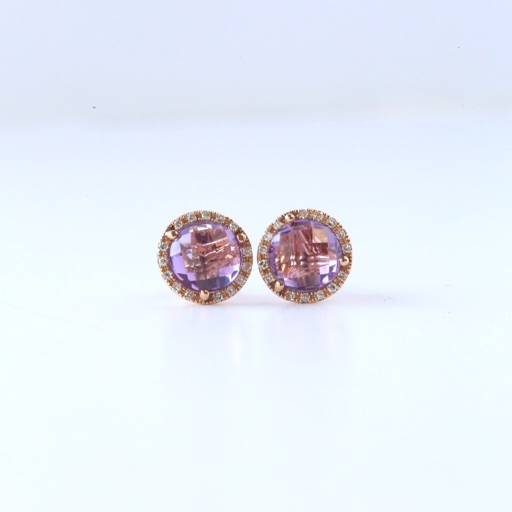 American Jewelry 14k Rose Gold 2.48ctw Amethyst .09ctw Diamond Checkerboard Halo Stud Earrings