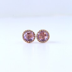 American Jewelry 14k Rose Gold 2.48ctw Amethyst .09ctw Diamond Checkerboard Halo Stud Earrings