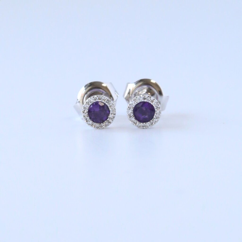 American Jewelry 14k White Gold .22ctw Amethyst .07ctw Diamond Petite Halo Stud Earrings