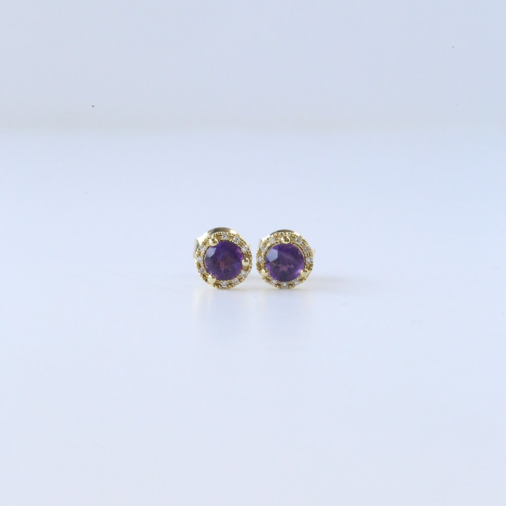 American Jewelry 14k Yellow Gold .06ctw Diamond .50ctw Amethyst Round Halo Stud Earrings