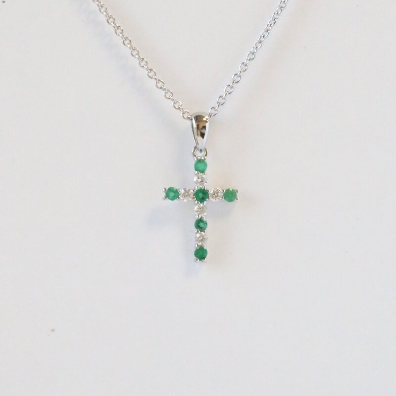 American Jewelry 14k White Gold .14ctw Emerald .09ctw Diamond Alternating Cross Necklace