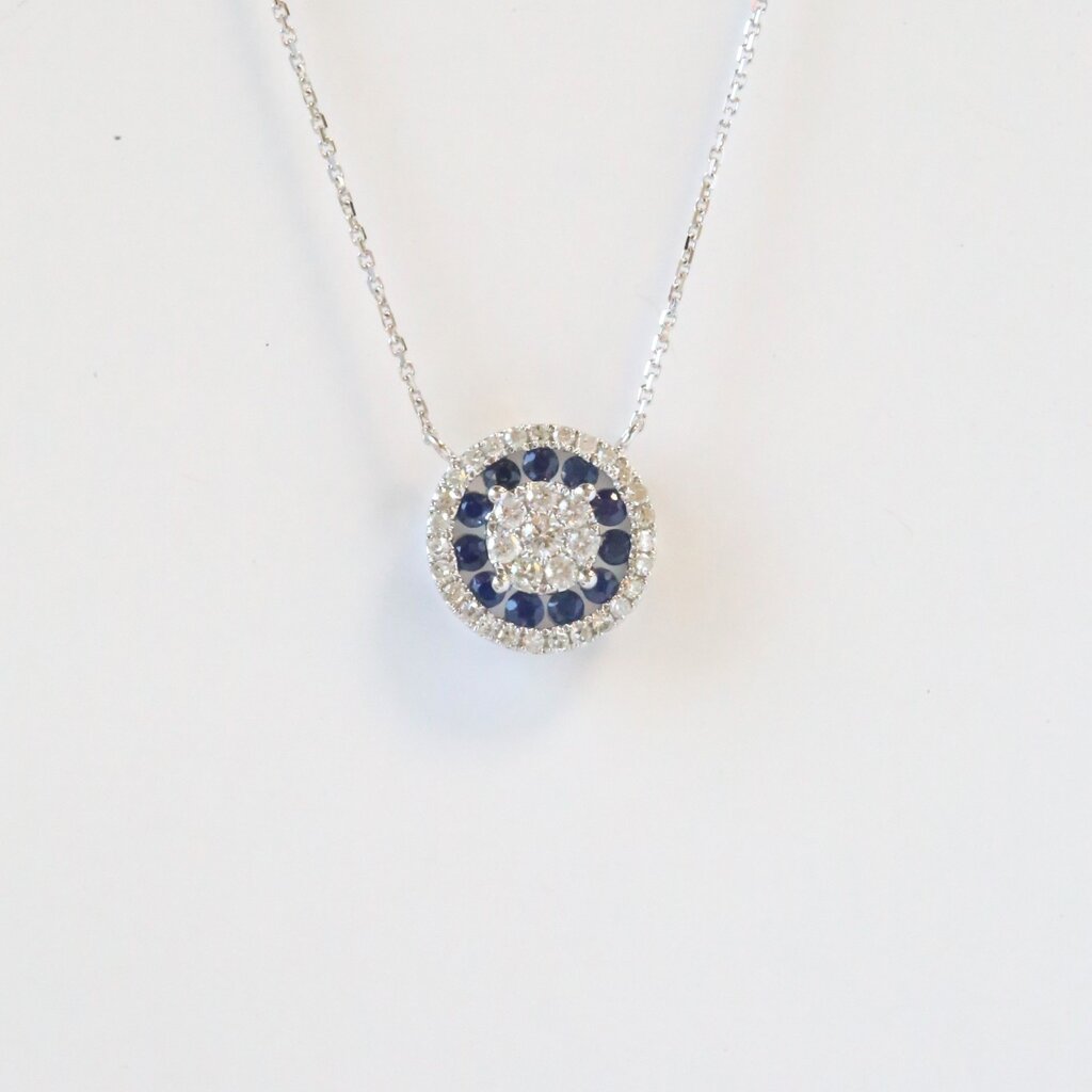 American Jewelry 14k White Gold .48ctw Sapphire .32ctw Diamond Halo Round Necklace