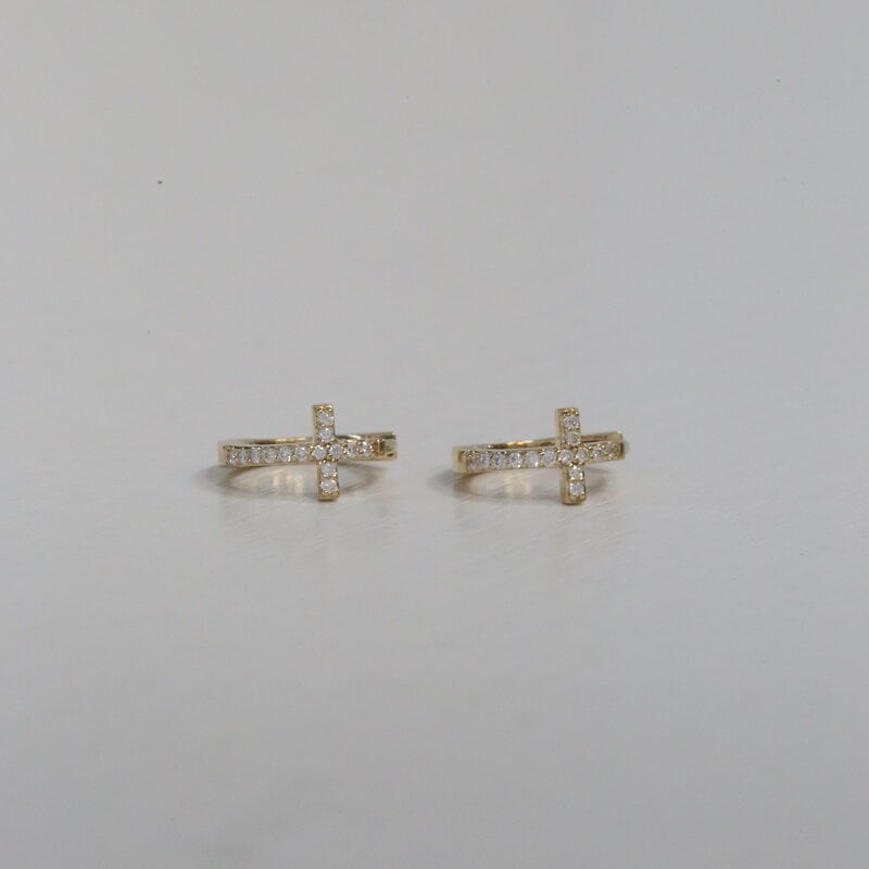 American Jewelry 14k Yellow Gold .08ct Diamond Cross Huggie Hoop Earrings