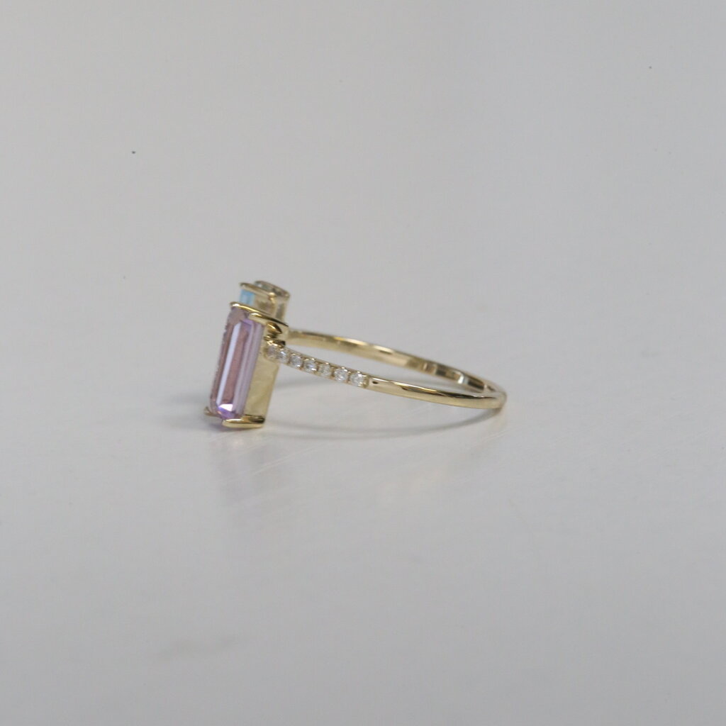 American Jewelry 14k Yellow Gold .11ct Diamond, Amethyst and Blue Topaz Double Emerald Cut Ring