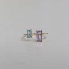 American Jewelry 14k Yellow Gold .11ct Diamond, Amethyst and Blue Topaz Double Emerald Cut Ring