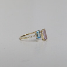 American Jewelry 14k Yellow Gold .11ct Diamond, Amethyst and Blue Topaz Double Emerald Cut Ring