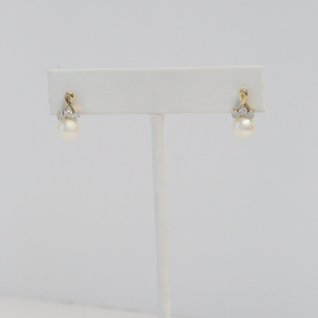 American Jewelry 14k Yellow Gold .07ct Diamond Pearl Mini Dangle Earrings