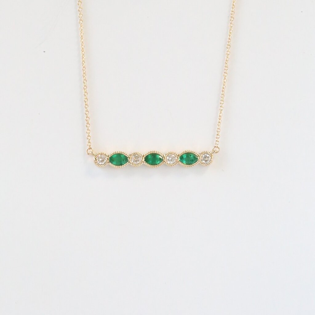 American Jewelry 14k Yellow Gold .30ct Diamond .85ct Emerald Marquise and Round Alternating Milgrain Necklace