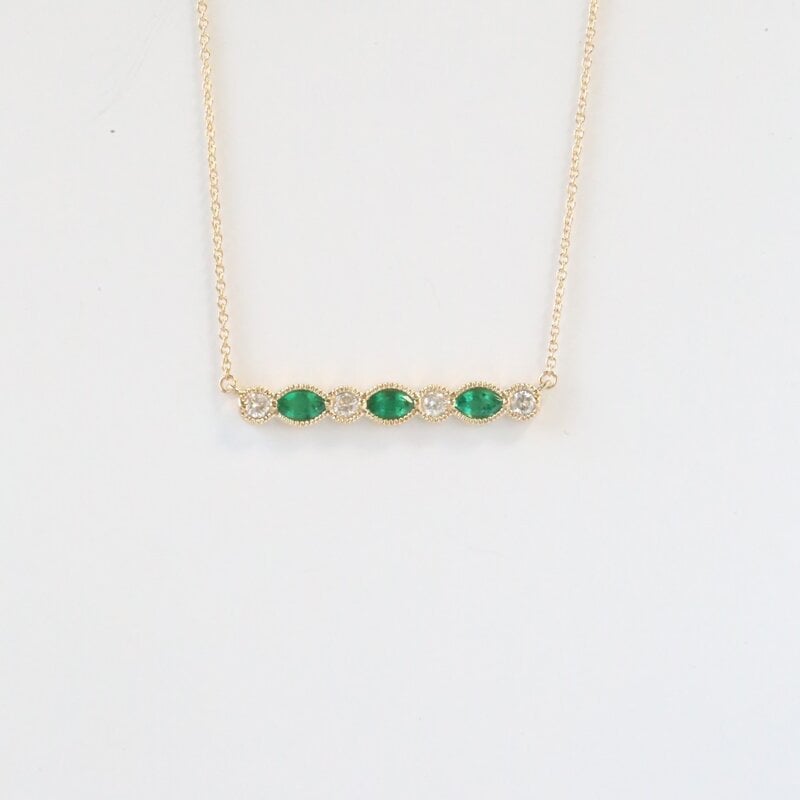American Jewelry 14k Yellow Gold .30ct Diamond .85ct Emerald Marquise and Round Alternating Milgrain Necklace