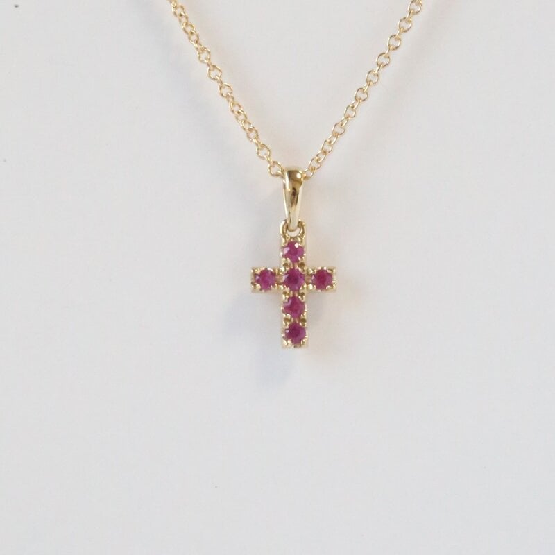 American Jewelry 14k Yellow Gold .14ct Ruby Petite Cross Necklace