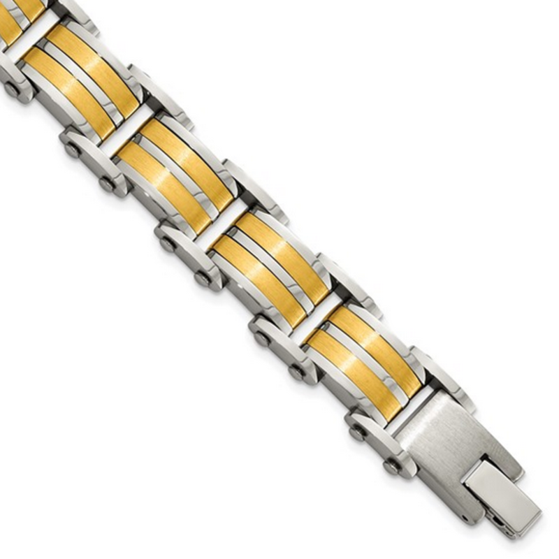 American Jewelry Stainless Steel Brushed and Polished Yellow Plated Link Bracelet (8.25")