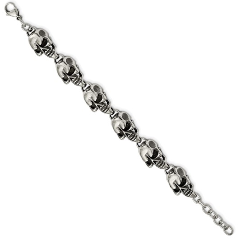 American Jewelry Stainless Steel Antiqued and Polished Skull Link Bracelet (8.5")