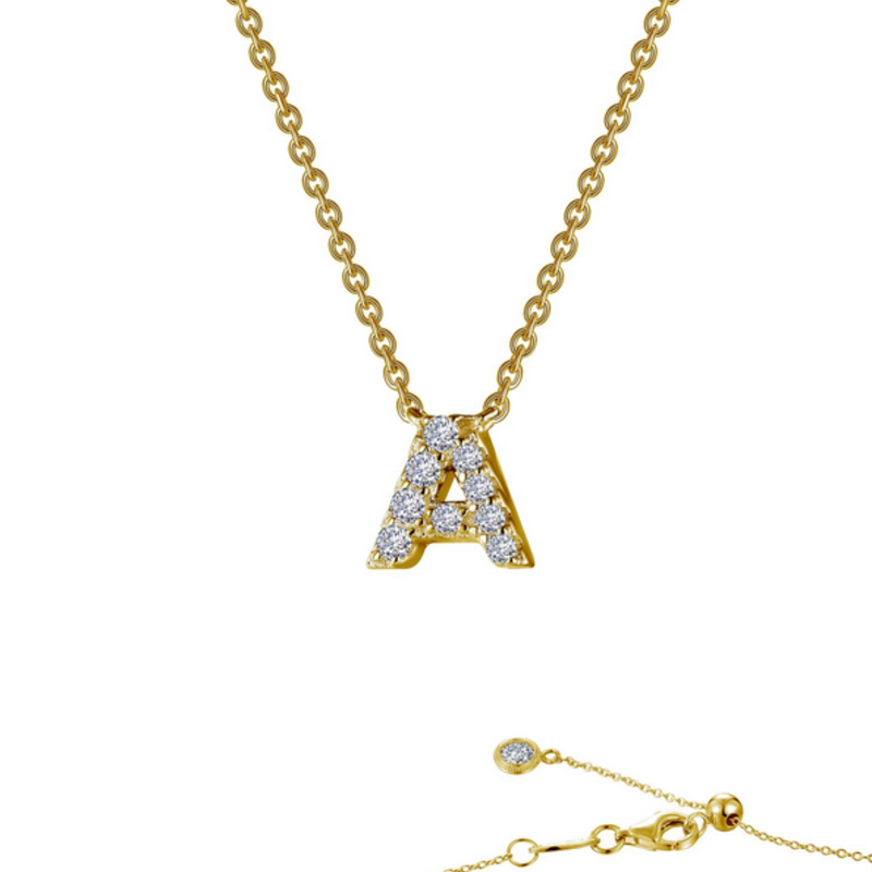 Lafonn Sterling Silver Gold Plated "A" Block Initial Necklace (20" with Sliding Adjustable)