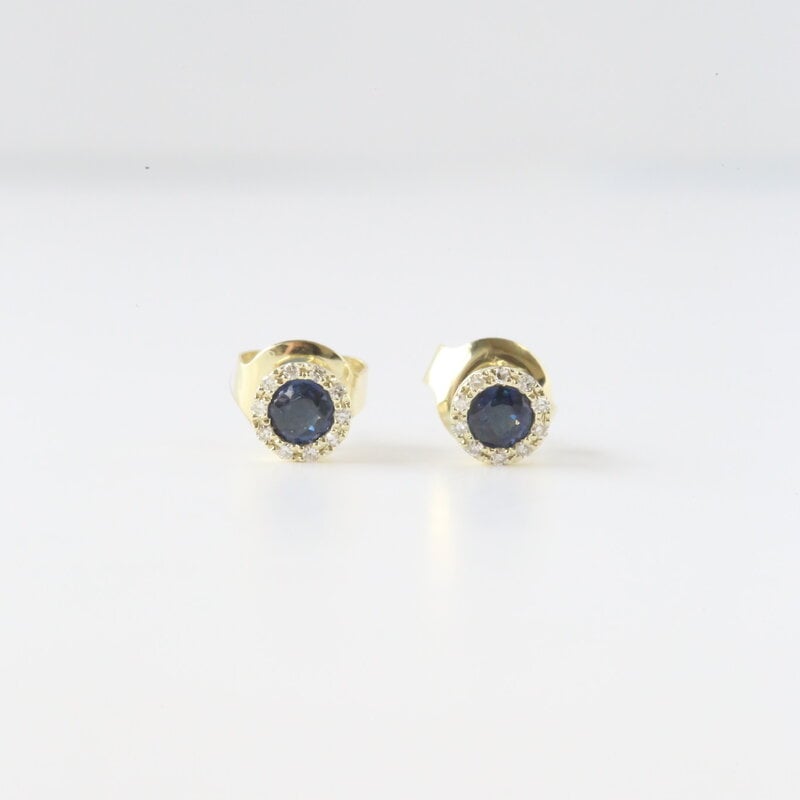 American Jewelry 14k Yellow Gold .31ctw Sapphire .07ctw Diamond Halo Petite Stud Earrings
