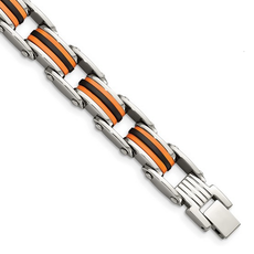 Stainless Steel Polished with Black and Orange Polyurethane Link Bracelet (8.75")