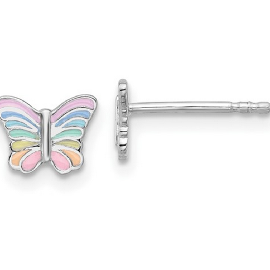 Sterling Silver Children's Rainbow Butterfly Enamled Post Stud Earrings