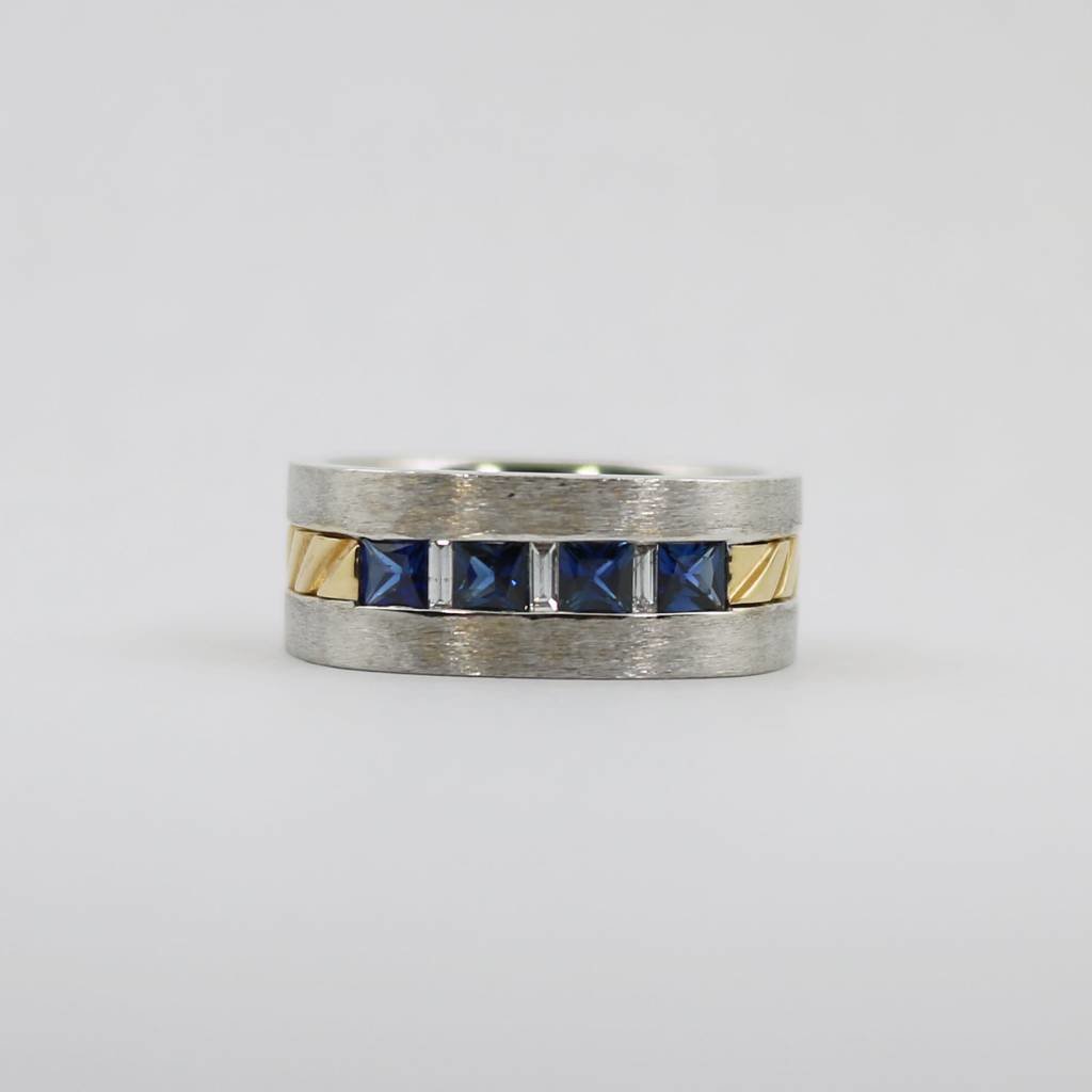 American Jewelry 14K White & Yellow Gold Gents Ring with .17ctw Diamonds & .94ctw Blue Sapphires