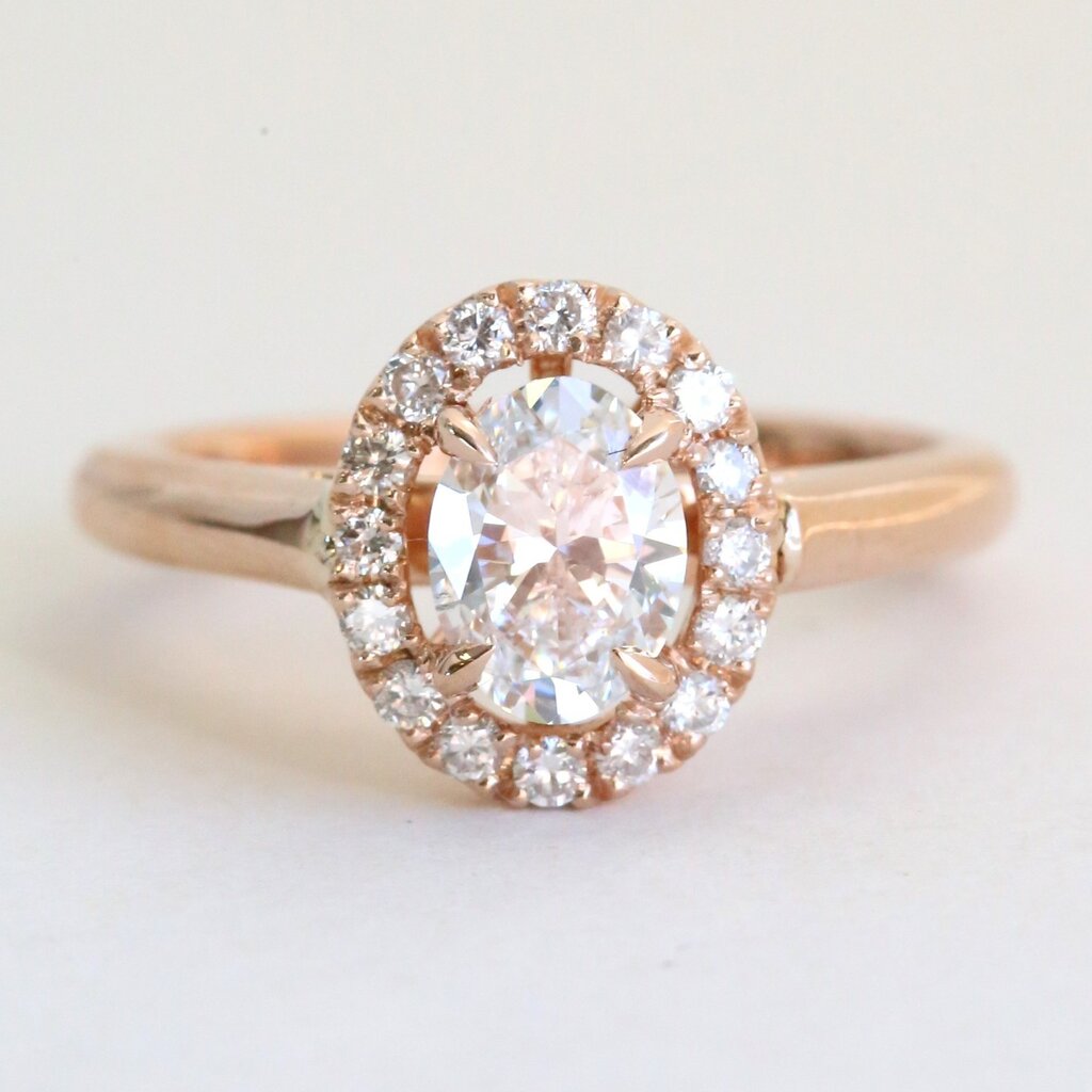 American Jewelry 14k Rose Gold 1.19ctw (.99 F/VS2 Lab Ctr) Oval Halo Engagement Ring (Size 6.5)