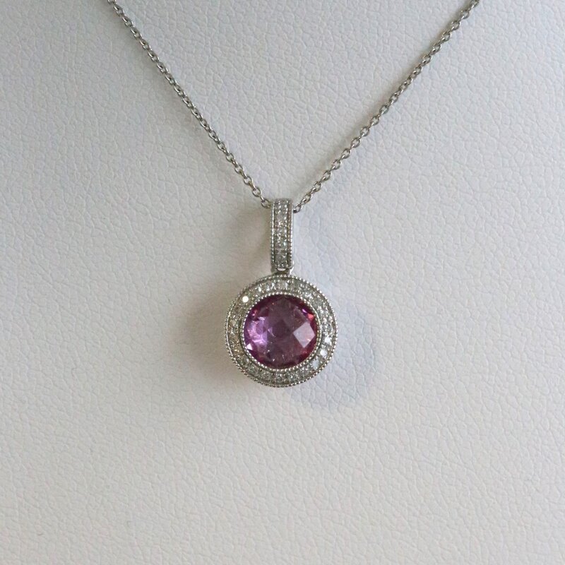 American Jewelry 14k White Gold 1.65ctw Pink Sapphire .05ct Diamond Halo Milgrain Halo Necklace