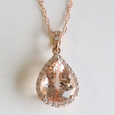 American Jewelry 14k Rose Gold 3.36ct Morganite .22ct Diamond Pear Halo Necklace