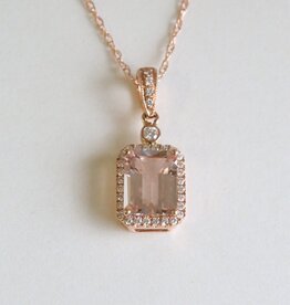 American Jewelry 14k Rose Gold 2.48ct Morganite .19ct Diamond Emerald Cut Halo Necklace