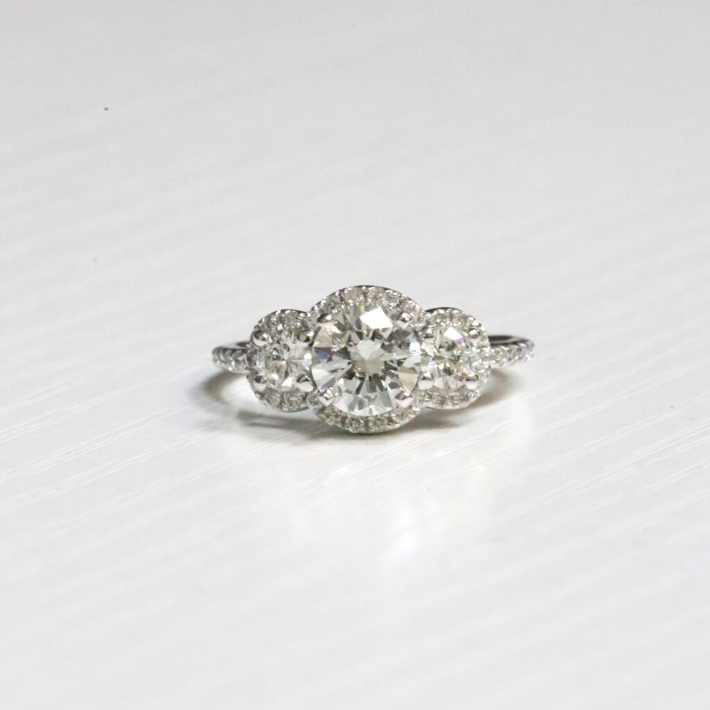 14k White Gold 1.80ctw (1.05ct H/SI2 Center) Diamond Halo 3-Stone Engagement Ring