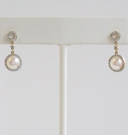 American Jewelry 14k Yellow Gold .25ctw Diamond and Pearl Halo Dangle Earrings