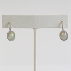 American Jewelry 14k White Gold 1.57ct Opal .17ct Diamond Halo Leverback Dangle Earrings