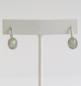 American Jewelry 14k White Gold 1.57ct Opal .17ct Diamond Halo Leverback Dangle Earrings