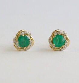 American Jewelry 14k Yellow Gold .66ct Emerald .03ct Diamond Swirl Stud Earrings