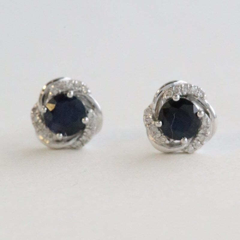 American Jewelry 14k White Gold .66ct Sapphire .03ct Diamond Swirl Stud Earrings