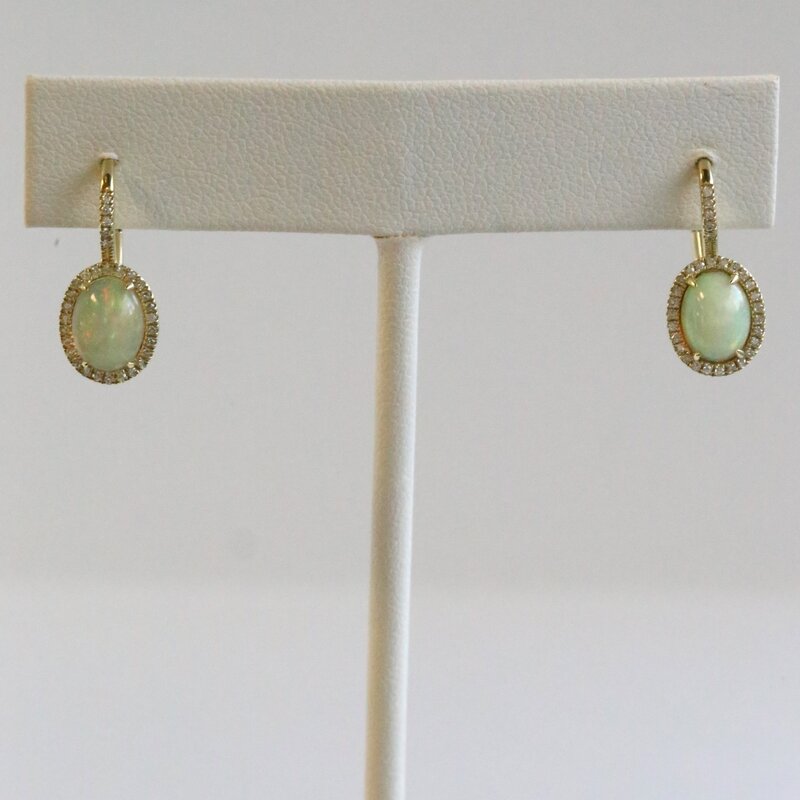 American Jewelry 14k Yellow Gold 1.56ctw Opal .17ctw Oval Halo Leverback Dangle Earrings