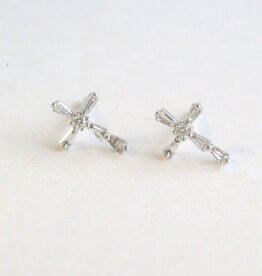 American Jewelry 14k White Gold .24ctw Diamond Tapered Baguette & Round Cross Stud Earrings