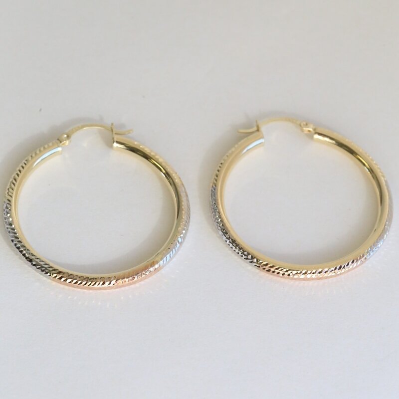 American Jewelry 14k White, Yellow, Rose Gold 35mm Tri Tone Diamond Cut Hoop Earrings