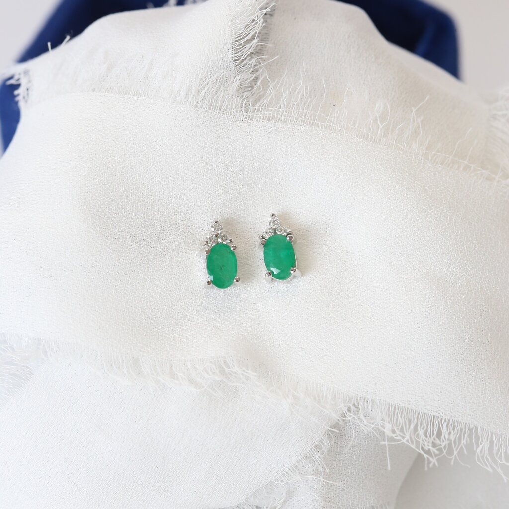 American Jewelry 14k White Gold Oval Emerald & Diamond Birthstone Earrings