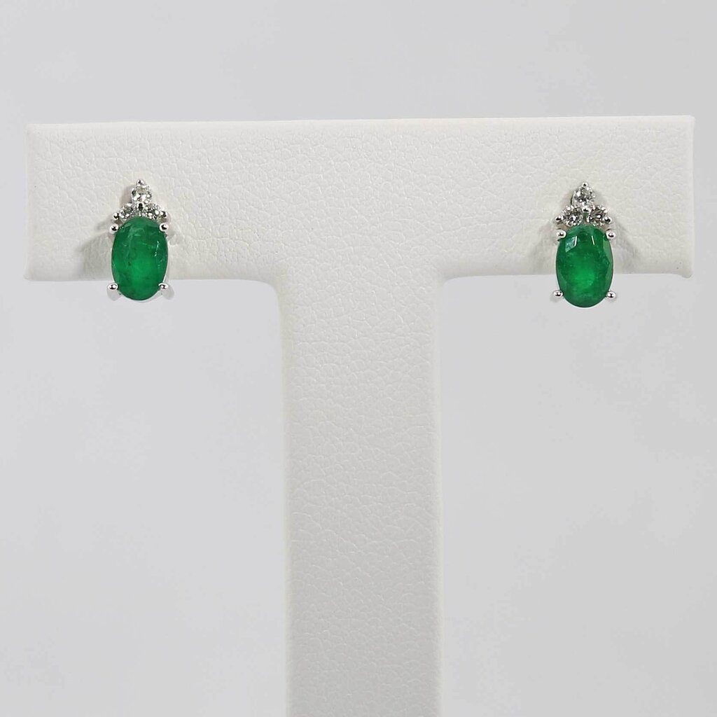 American Jewelry 14k White Gold Oval Emerald & Diamond Birthstone Earrings