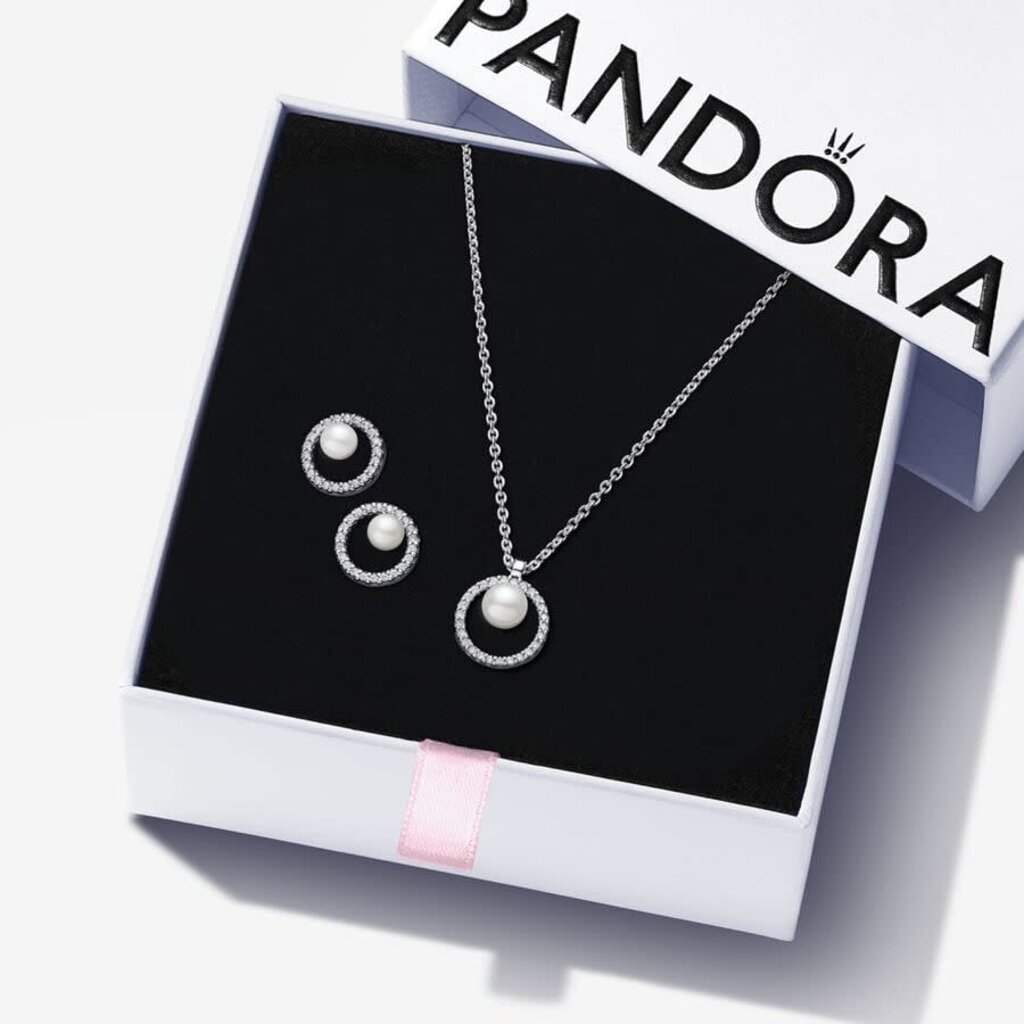 Pandora PANDORA Gift Set, Pearl & Halo Necklace & Earrings, Clear CZ & Freshwater Pearl