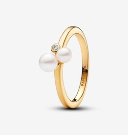 Pandora PANDORA Ring, Duo Treated Freshwater Cultured Pearls, Gold Plated & Clear CZ - Size 54