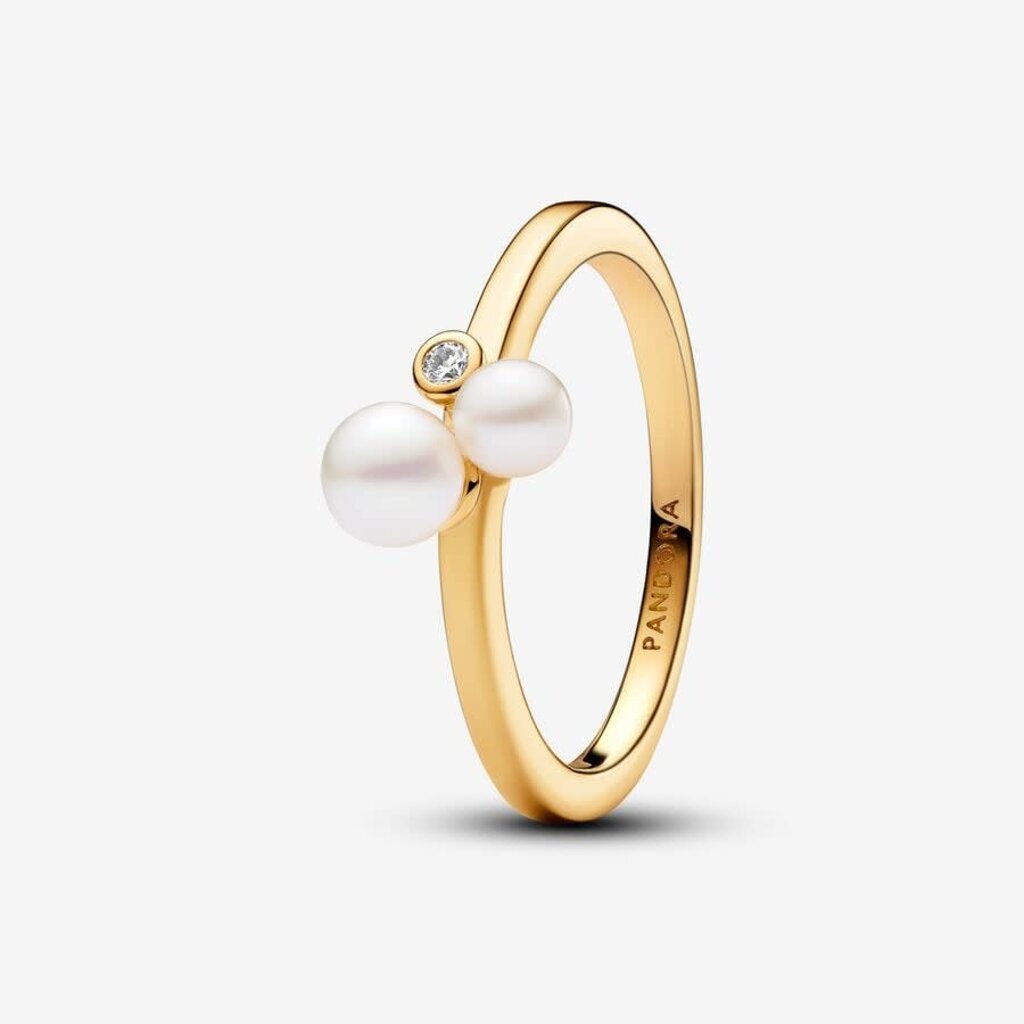 Pandora PANDORA Ring, Duo Treated Freshwater Cultured Pearls, Gold Plated & Clear CZ - Size 56