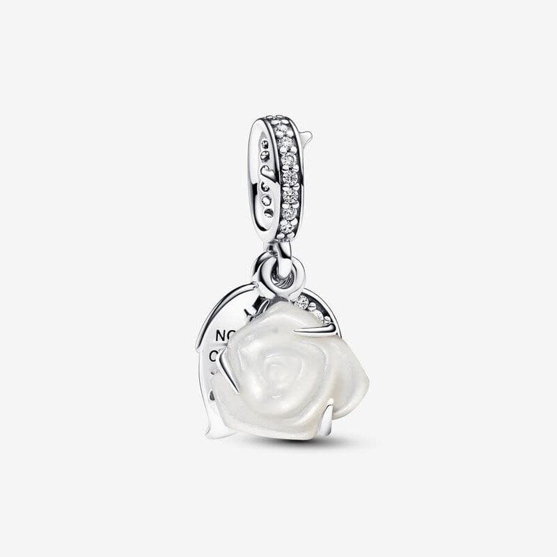 Pandora PANDORA Charm, White Rose in Bloom Double Dangle, Clear CZ
