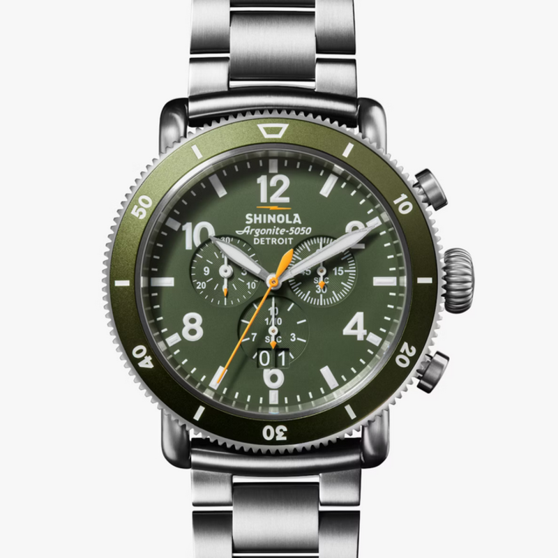 Shinola Shinola Runwell Sport Chrono 48mm Watch Dark Olive Dial with British Tan Leather Strap and Titanium Strap