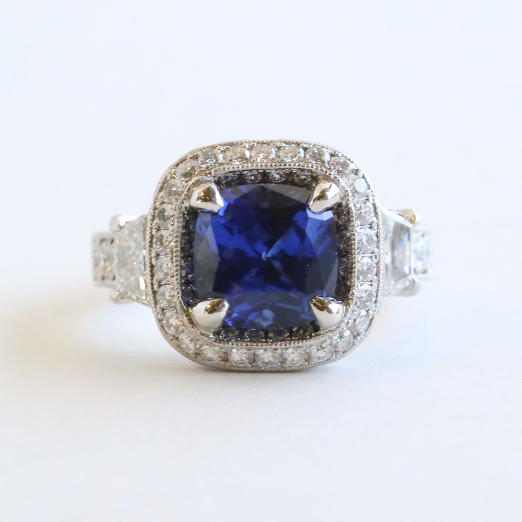 American Jewelry Platinum 4.14ct Lab Grown Sapphire 1ctw Diamond Halo Cushion Ring