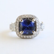 American Jewelry Platinum 4.14ct Lab Grown Sapphire 1ctw Diamond Halo Cushion Ring