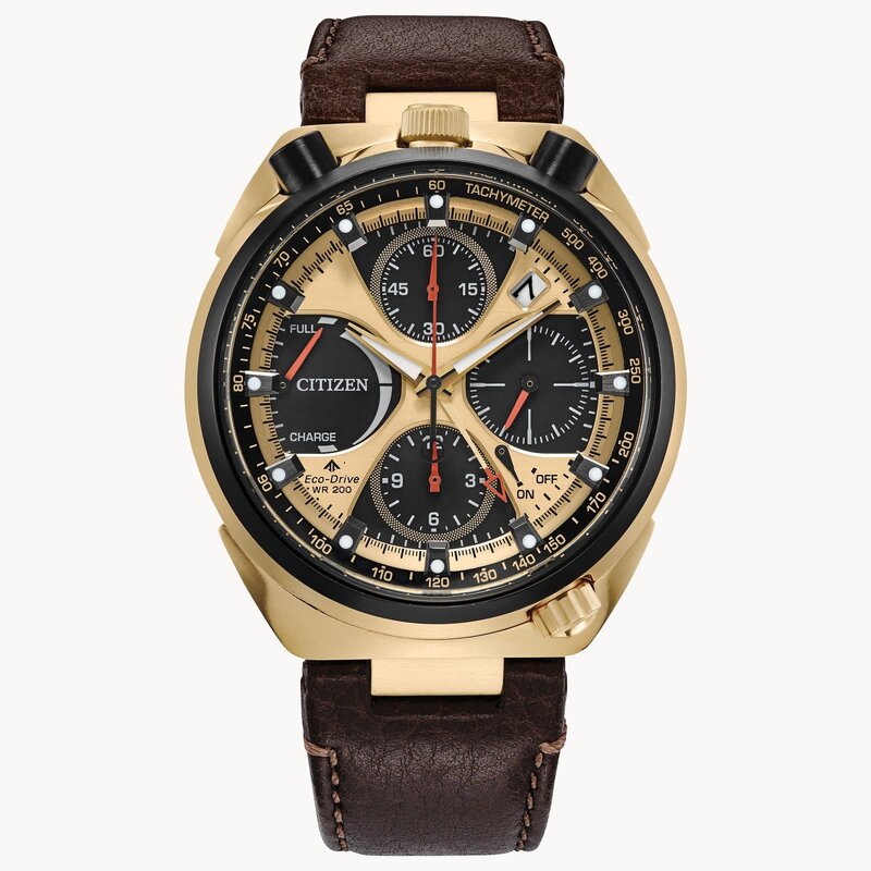 Citizen Citizen Eco Drive Mens Promaster Tsuno Chrono Racer Watch Gold Tone w/ Leather Band