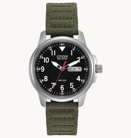 Citizen Citizen Eco Drive Mens Garrison Watch w/ Black Dial and Green Nylon Strap