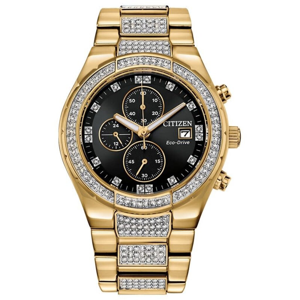 Citizen Citizen Eco-Drive Chronograph Gold-tone Gents Watch with Swarovski Crystals & Black Dial